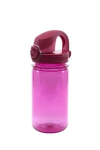 12oz Kids On-The-Fly Lock-Top Sustain Bottle, pink with maroon flip-top lid and carrying handle, shown on a white background.