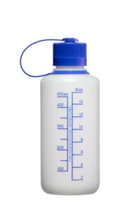 16oz Narrow Mouth Ultralite White: white HDPE bottle with a blue screw cap, features measurement markings in milliliters and ounces.