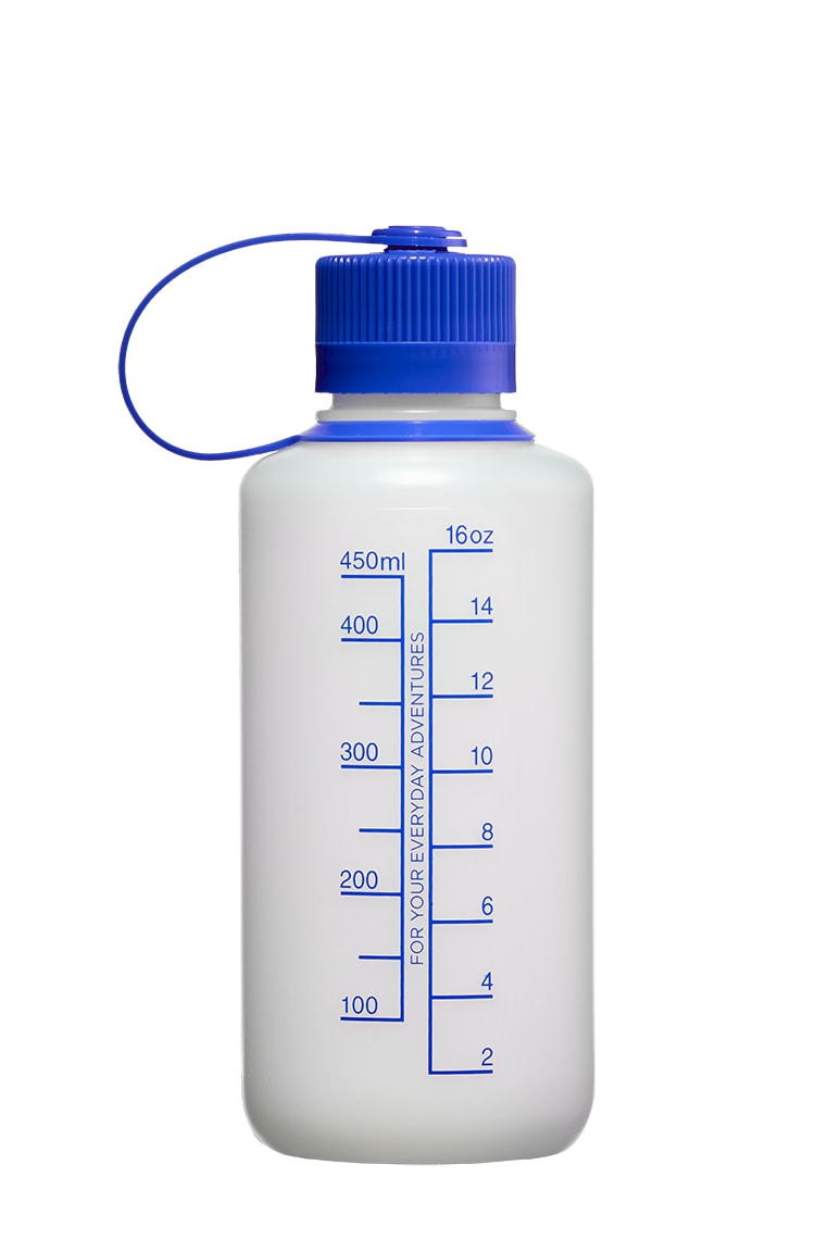 16oz Narrow Mouth Ultralite White: white HDPE bottle with a blue screw cap, features measurement markings in milliliters and ounces.