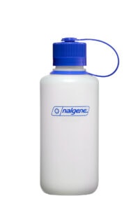 The 16oz Narrow Mouth Ultralite White bottle features opaque white HPDE with a blue screw-on cap and attached loop, shown on a white background.
