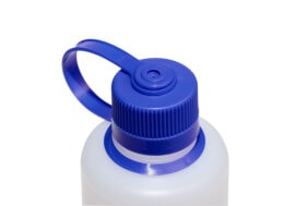 A close-up of the 16oz Narrow Mouth Ultralite White bottle shows its white body, blue screw-on cap, and flexible carrying loop.