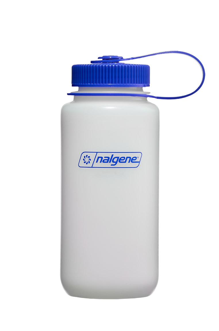 16oz Wide Mouth Ultralite Nalgene bottle, white with a blue screw-on lid and attached loop, displayed on a white background.