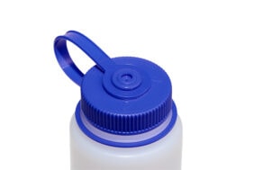 Close-up of a blue loop handle screw cap on a 16oz Wide Mouth Ultralite bottle, isolated on a white background.