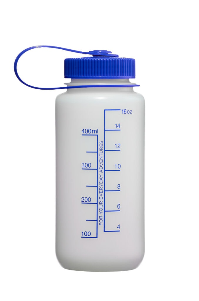 16oz Wide Mouth Ultralite Nalgene bottle with blue lid, features mL/oz markings, reusable, and lightweight HPDE construction.