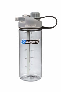 The 20oz Multi-Drink Bottle is a clear Nalgene water bottle with a grey lid, flip-top spout, and side measurement markings.