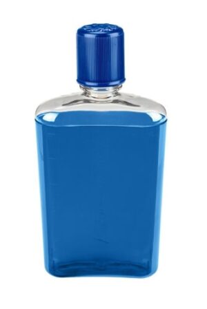 A 10oz Flask, a transparent plastic bottle with blue liquid and a blue screw cap, shown on a white background.
