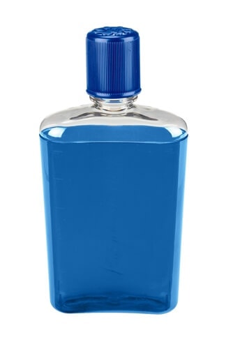 A 10oz Flask, a transparent plastic bottle with blue liquid and a blue screw cap, shown on a white background.
