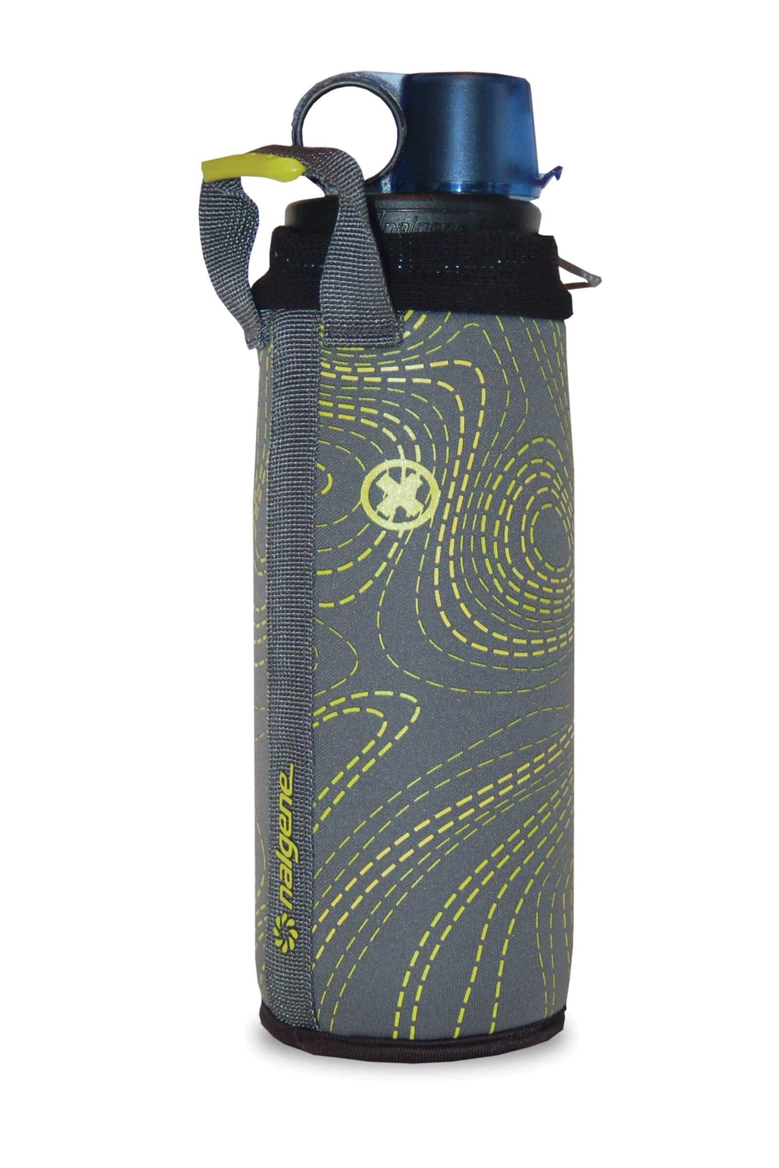 24oz Gray Neoprene Sleeve water bottle with a blue cap, yellow contour line pattern, and carrying strap.
