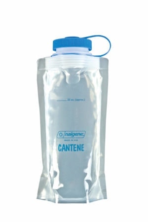 The 32oz Nalgene Cantene is a clear, flexible water canteen with a blue cap and 32 oz measurement marking.