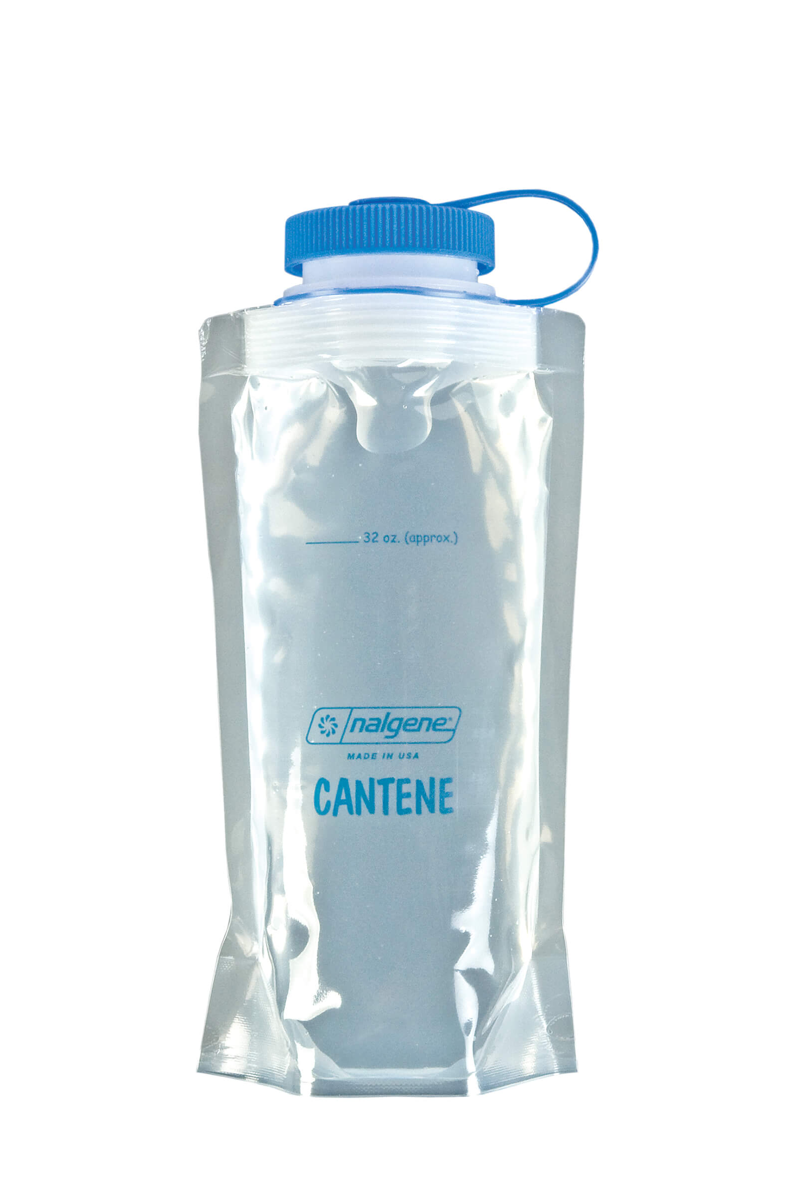 The 32oz Nalgene Cantene is a clear, flexible water canteen with a blue cap and 32 oz measurement marking.