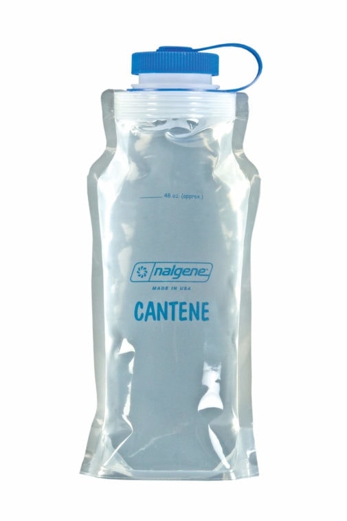 A 48oz Nalgene Cantene, clear and flexible with a blue cap and handle, stands upright on a white background.