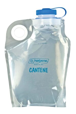 A 96oz Nalgene Cantene, clear and flexible with a blue screw cap, filled with water and standing upright.