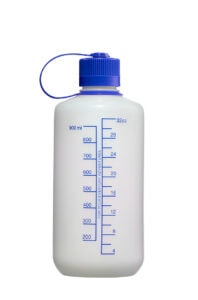 32oz Narrow Mouth Ultralite White: White plastic water bottle with a blue cap and measurement markings in milliliters and ounces.