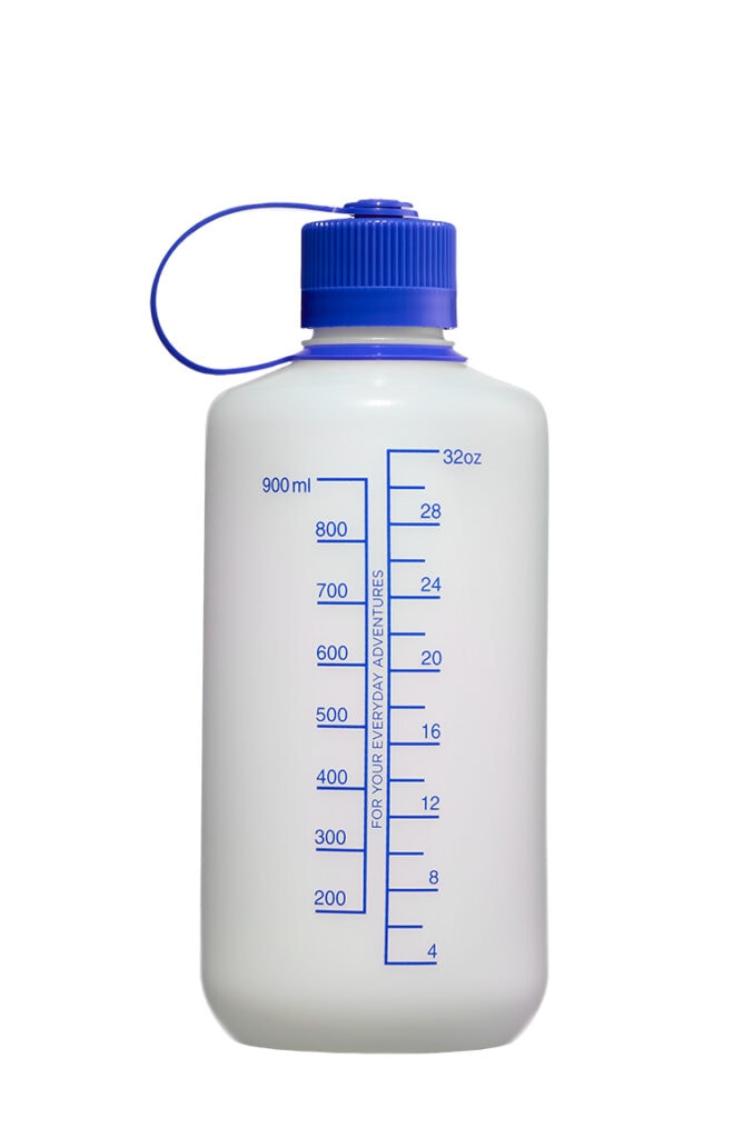 32oz Narrow Mouth Ultralite White: White plastic water bottle with a blue cap and measurement markings in milliliters and ounces.