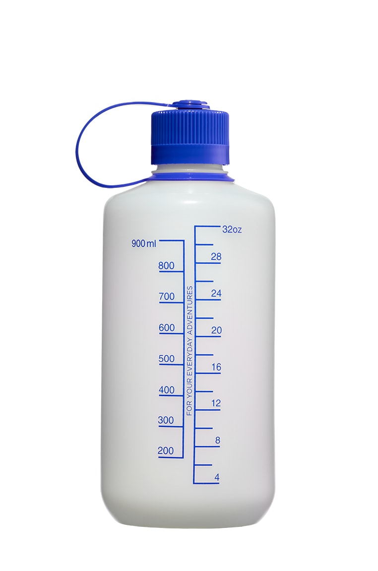 32oz Narrow Mouth Ultralite White: White plastic water bottle with a blue cap and measurement markings in milliliters and ounces.