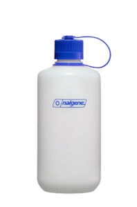 A 32oz Narrow Mouth Ultralite White bottle with a blue screw cap and attached loop, shown on a white background.