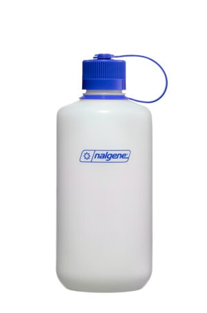 A 32oz Narrow Mouth Ultralite White bottle with a blue screw cap and attached loop, shown on a white background.