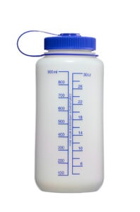 The 32oz Wide Mouth Ultralite Bottle comes in white with a blue lid and displays measurement markings in milliliters and ounces.