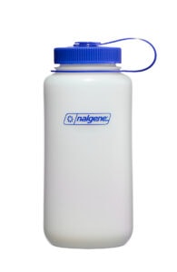 A 32oz Wide Mouth Ultralite Bottle comes in white with a blue screw-on lid and a handy attached loop.