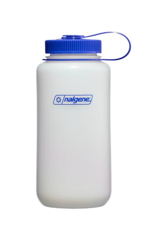 A 32oz Wide Mouth Ultralite Bottle comes in white with a blue screw-on lid and a handy attached loop.