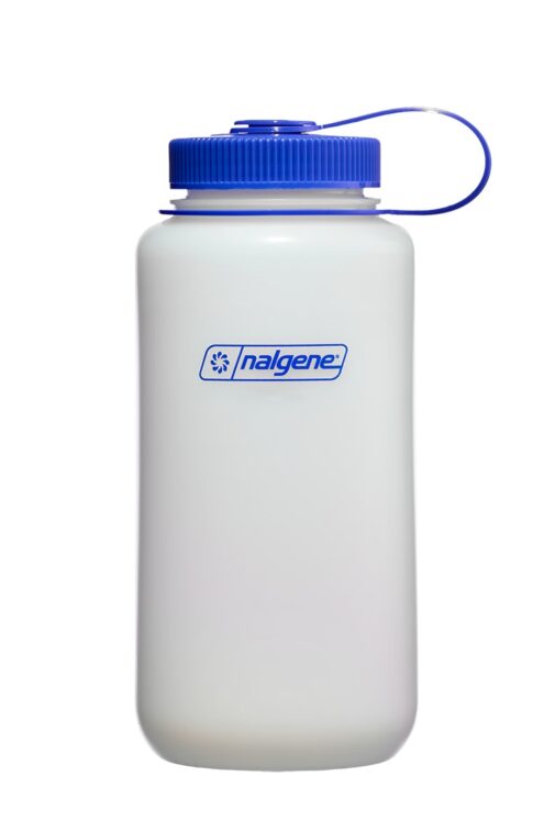 A 32oz Wide Mouth Ultralite Bottle comes in white with a blue screw-on lid and a handy attached loop.