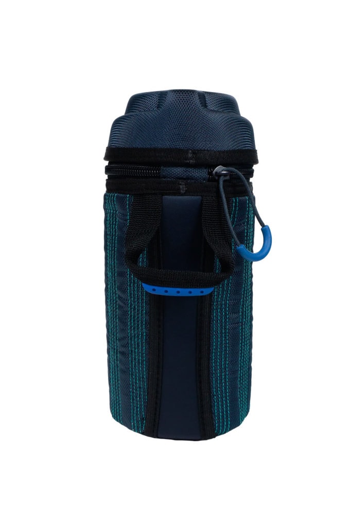 32oz Insulated Sleeve in blue and black stripes with zippered top, shown against a white background.