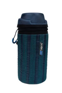 A blue and teal striped 32oz Insulated Sleeve for bottles, featuring a zipper and handle clip.