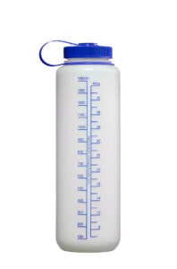 48oz Wide Mouth Ultralite Bottle: White water bottle with a blue lid and measurement markings in milliliters and ounces on the side.