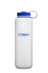 A 48oz Wide Mouth Ultralite HPDE Nalgene Bottle, white with a blue screw-on lid and logo, stands upright on a white background.