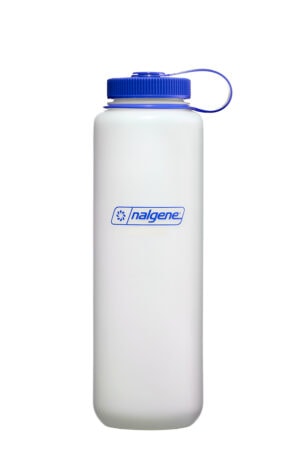 A 48oz Wide Mouth Ultralite HPDE Nalgene Bottle, white with a blue screw-on lid and logo, stands upright on a white background.