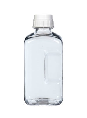 64oz Growler clear plastic laboratory bottle with white screw cap, shown on a white background.
