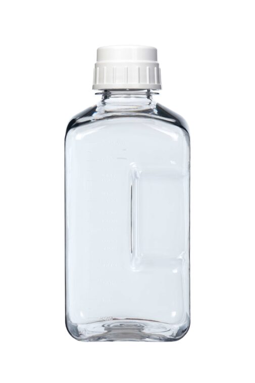 64oz Growler clear plastic laboratory bottle with white screw cap, shown on a white background.
