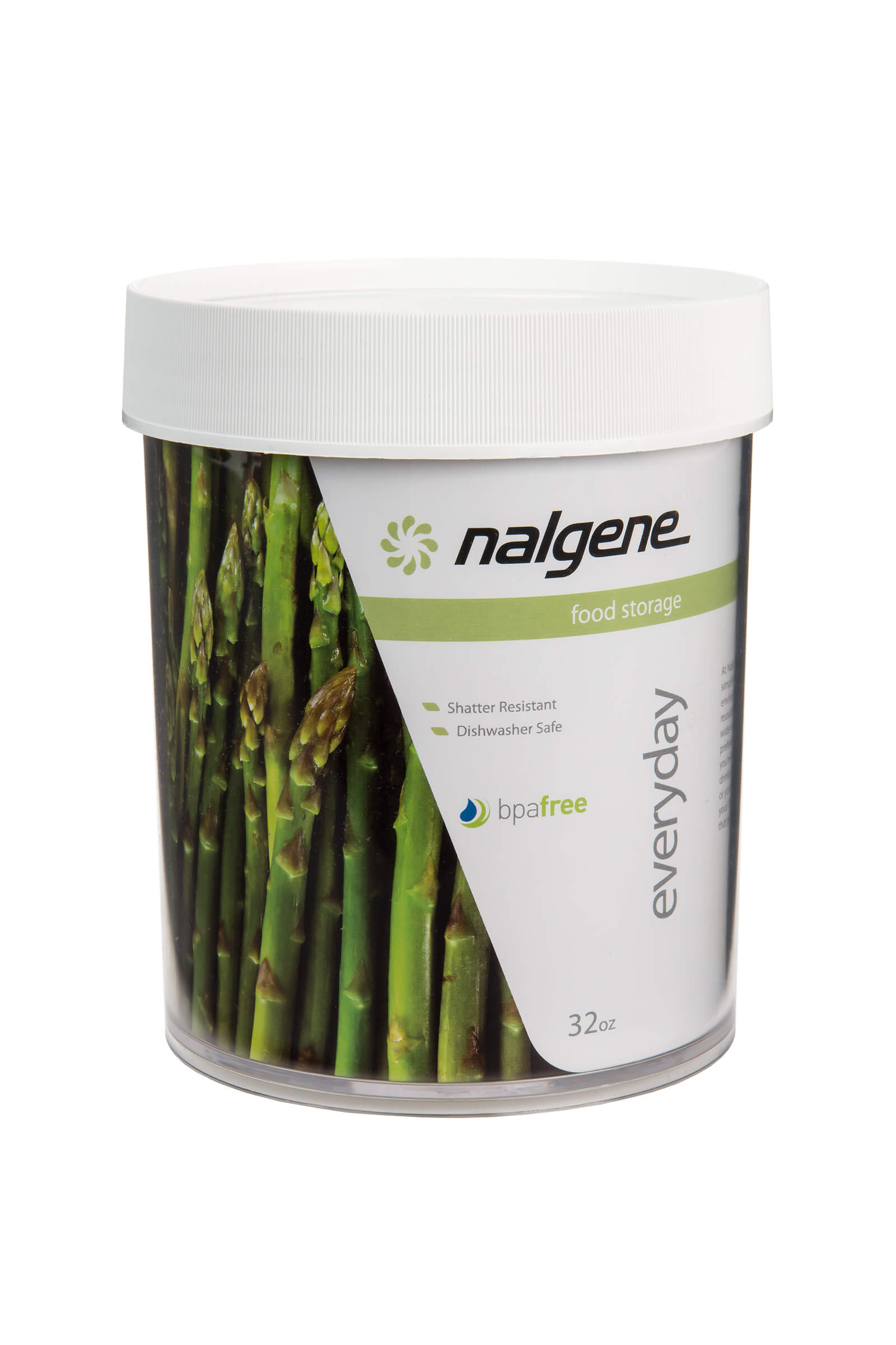 The 32oz Storage Jar from Nalgene features a white lid and asparagus design—ideal for keeping your food fresh.