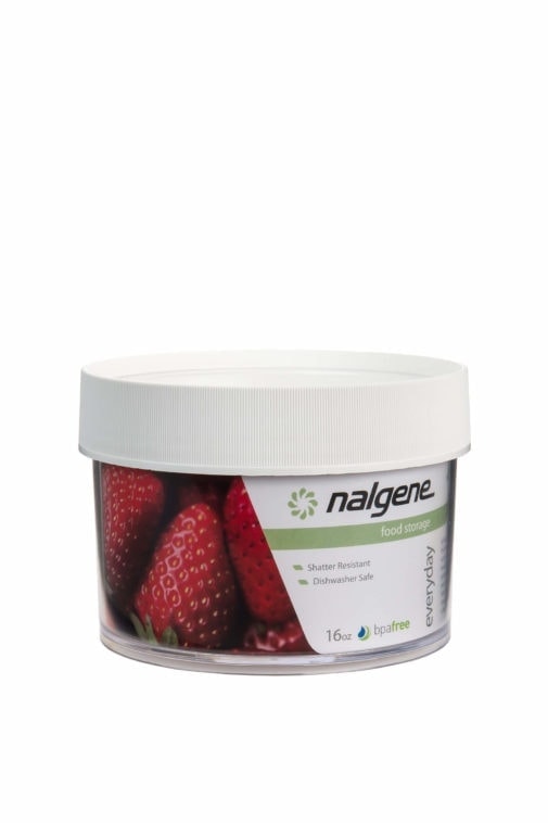 The 16oz Storage Jar is a round Nalgene food container with a white lid and a strawberry design on the label.