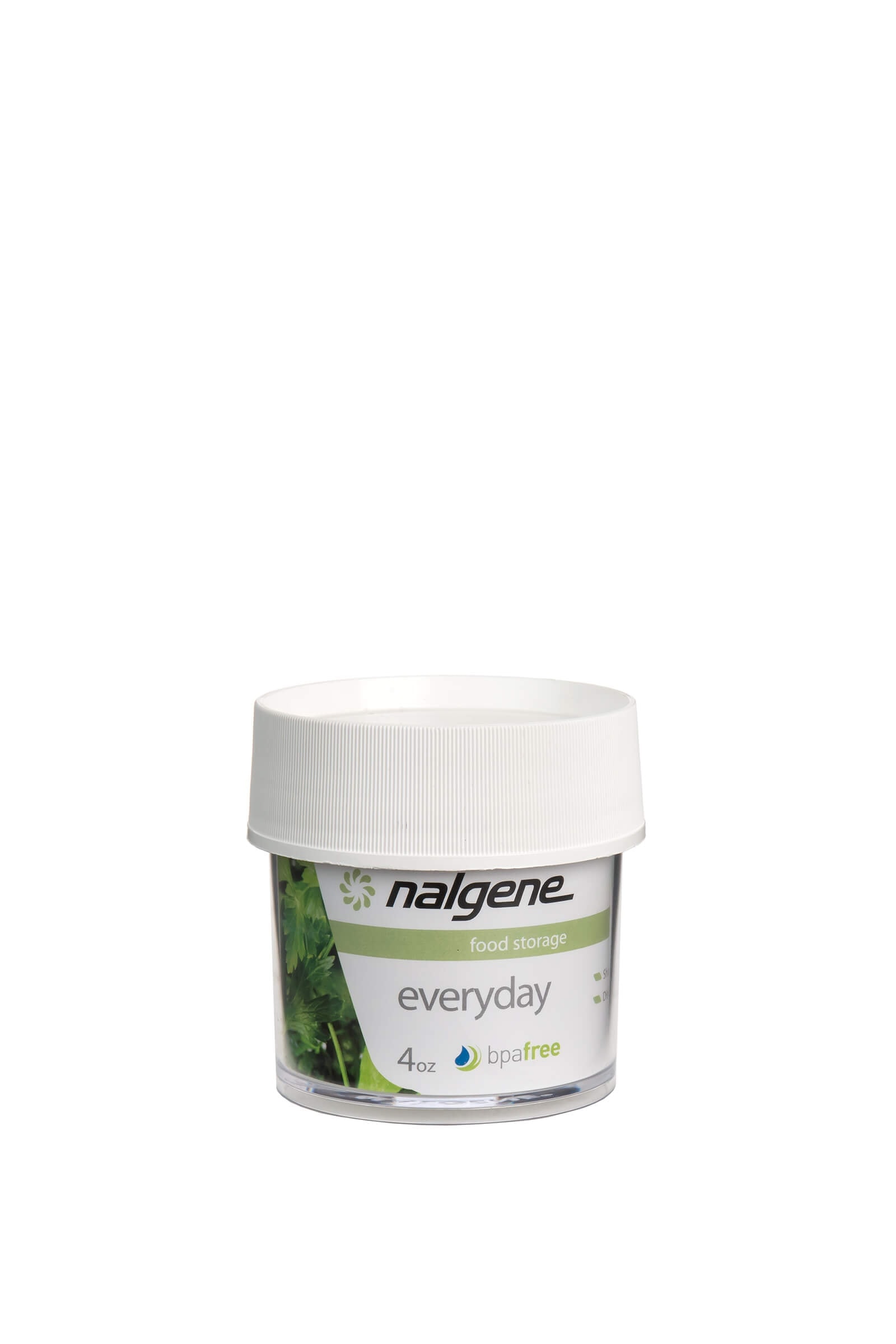 The 4oz Storage Jar by Nalgene features a white lid, "everyday" and "bpa free" labels—ideal for easy, safe food storage.