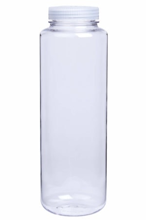 The 48oz Storage Bottle features a clear body and a white screw-on lid, shown upright against a white background.