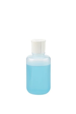 A 125 mL LDPE Bottle with a white dispensing cap, half-filled with blue liquid, shown on a white background.