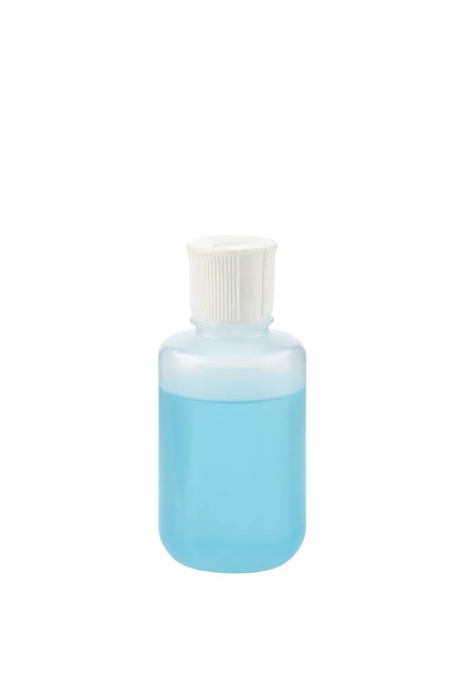 A 125 mL LDPE Bottle with a white dispensing cap, half-filled with blue liquid, shown on a white background.