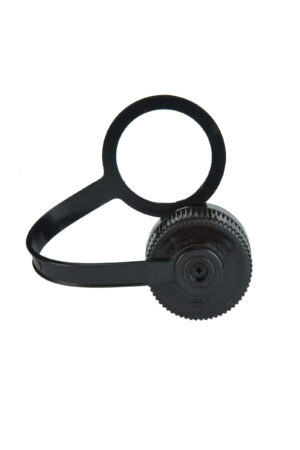 Narrow Mouth Cap: black plastic tethered cap with a circular ring, shown isolated on a white background.