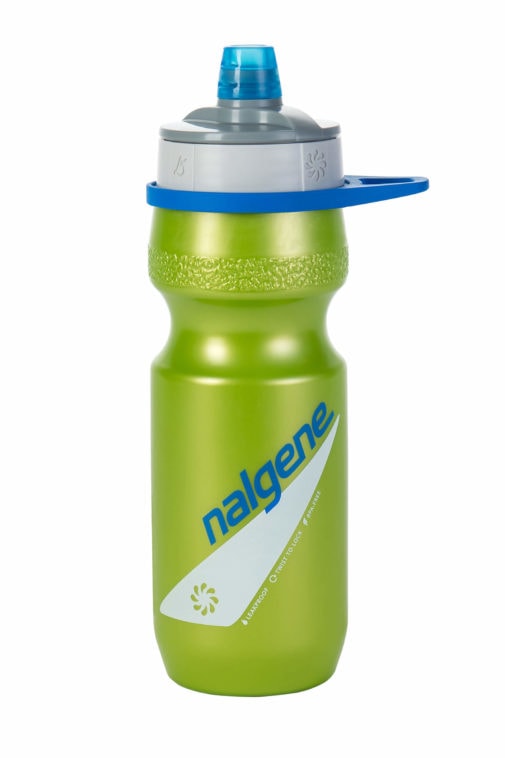 22oz Fitness Draft water bottle in green with blue cap, logo, textured grip, and flip-up drinking spout.