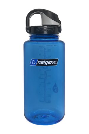 A 32oz On The Fly Water Bottle in blue with a wide mouth, black lock-top lid, and measurement markings on the side.
