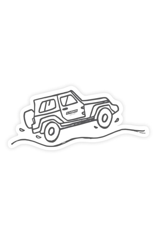 Black and white drawing of an off-road vehicle driving over a small hill with motion lines, perfect for the SUV Sticker.