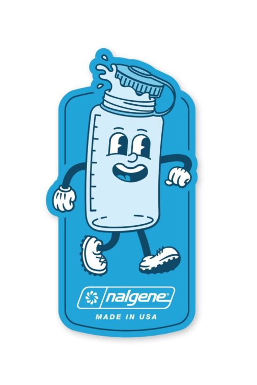 Gene The Nalgene Sticker features a playful cartoon water bottle with arms, legs, and a smile, strutting on a blue background.