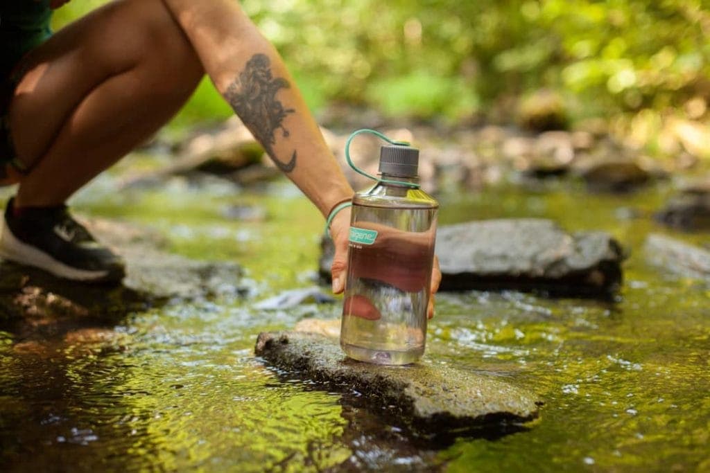 A person filling a clear water bottle from a stream in a sunlit forest.
