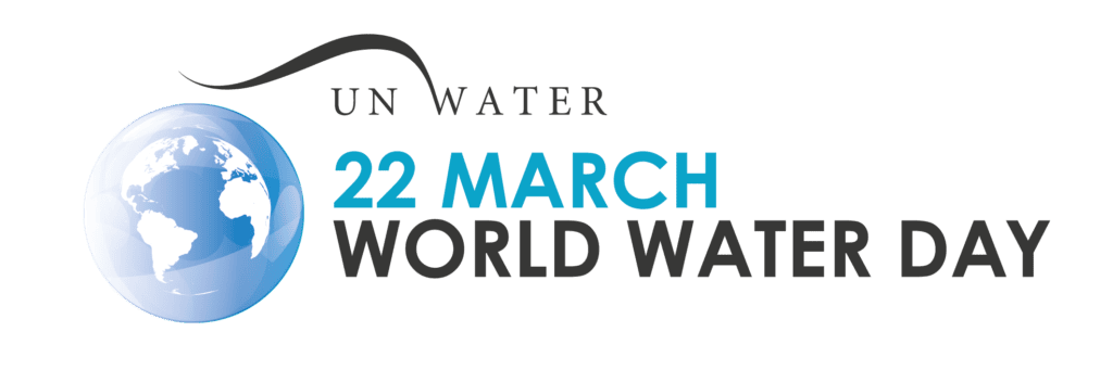 World Water Day banner: globe illustration, “UN Water,” and “22 March World Water Day” text on a white background.