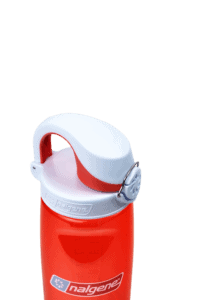 Red Nalgene water bottle with a white flip-top lid and a metal clasp, on a plain white background.