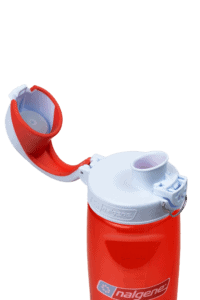 Red Nalgene water bottle with a white flip-top lid, shown open on a plain white background.