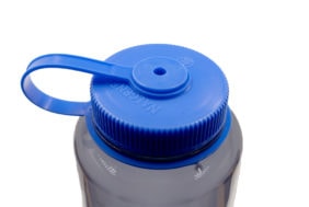 The 48oz Wide Mouth Sustain Silo Bottle features a blue screw-top lid, loop handle, and clear plastic body, shown against a white background.