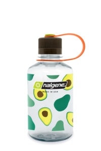 A 16oz Narrow Mouth Fruit Print Bottle featuring avocado illustrations, a clear body, and an orange lid strap.