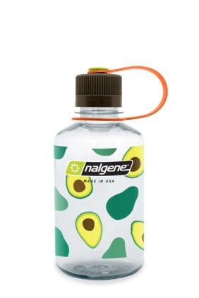 A 16oz Narrow Mouth Fruit Print Bottle featuring avocado illustrations, a clear body, and an orange lid strap.